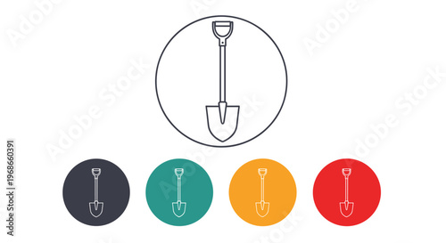 Outline of a spade shovel tool in a large circle with four smaller solid color icon versions below on a white background.