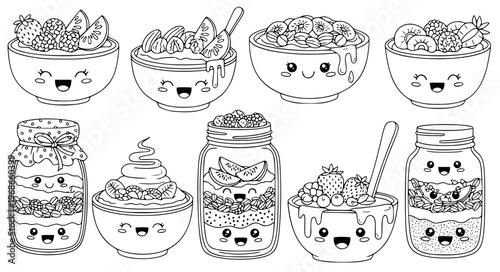 Cute Kawaii Oatmeal Bowls Vector with Happy Faces and Playful Expressions
