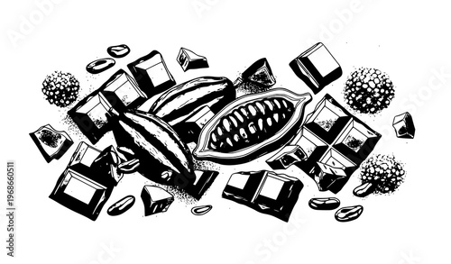 Circular chocolate and cocoa beans vector illustration set