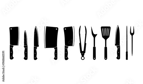Horizontal butcher and barbecue tools silhouette