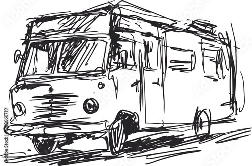 vintage camper van sketch travel, adventure, road trip, retro vehicle illustration
