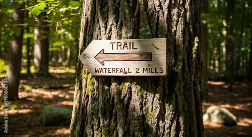 Trail Sign Directing to Waterfall in Forest.