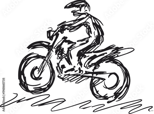 Dynamic sketch of a motorcyclist riding a bike with motion lines and rough strokes