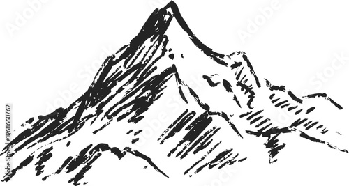hand drawn mountain peak sketch with shading and textured lines in black ink