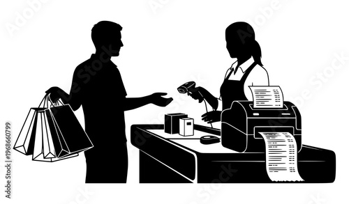Shopping scene silhouette cashier checkout vector illustration