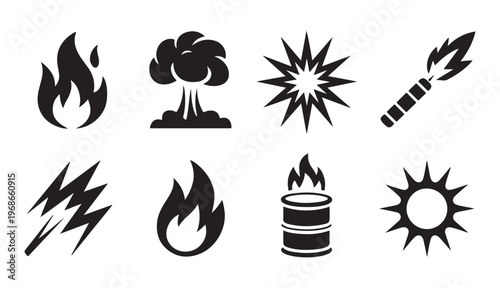 Hazardous materials and combustion vector icons featuring fire flames dynamite sticks and explosive clouds.