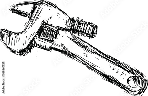 Adjustable wrench sketch with rough hand drawn isolated on white background