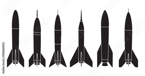 Silhouette collection of space rocket icons on white background representing technology and transportation.