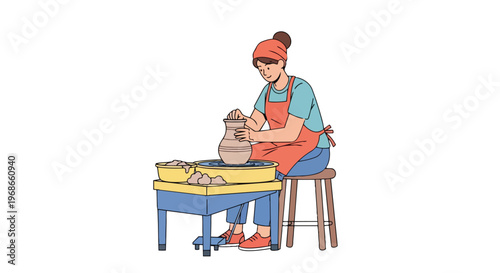 Woman Potter Crafting Clay Vase on Pottery Wheel