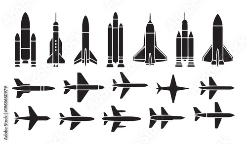 Military aviation and space transport icons collection featuring modern aircraft and heavy launch rockets.