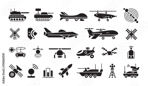 Set of surveillance technology icons featuring drones tanks satellites and remote sensing radar equipment.