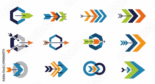 Collection of Arrow Logos with Geometric Shapes and Modern Design.
