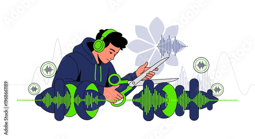 Man cutting audio waveform with scissors, listening to music with headphones