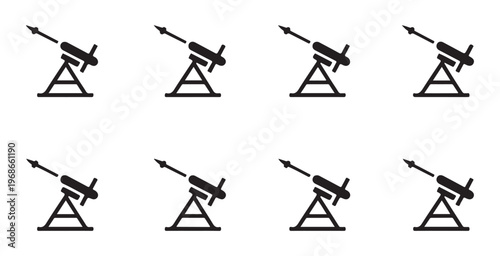 Tactical anti tank missile system silhouettes mounted on sturdy tripod bases for military defense combat.