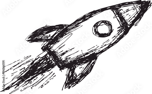 Hand drawn rocket sketch with flames, space exploration concept, doodle illustration