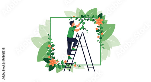 Man Decorating Floral Archway with Flowers and Leaves