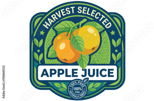 Design for packaging label featuring fruit and text for apple juice product in a colorful style