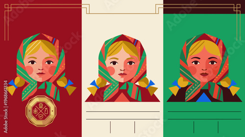 Vector design of packaging labels featuring traditional faces and colors in a simple layout with distinct sections and shapes