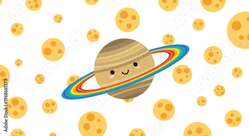 Adorable cartoon of the planet Saturn with a smiling face and a rainbow ring surrounded by numerous small golden moons.