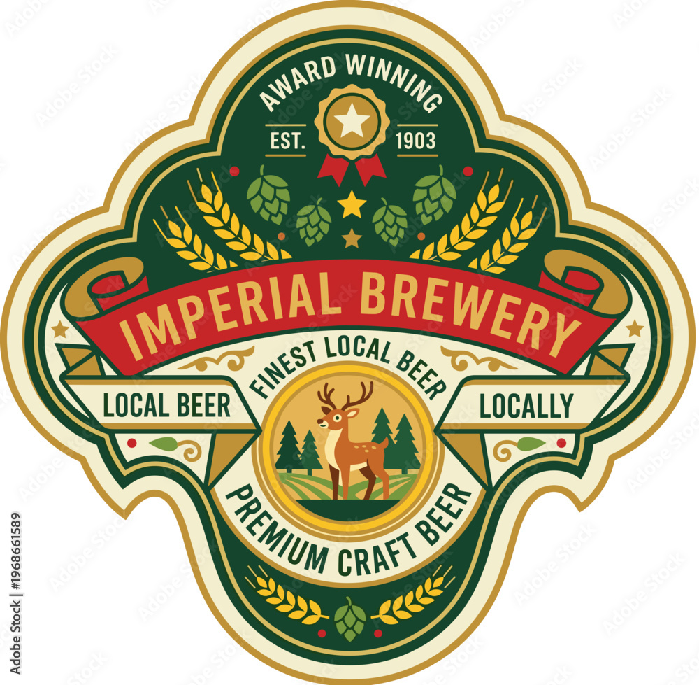 Obraz premium Unique packaging design for Imperial Brewery label featuring a classic look and elements representing local craft beer