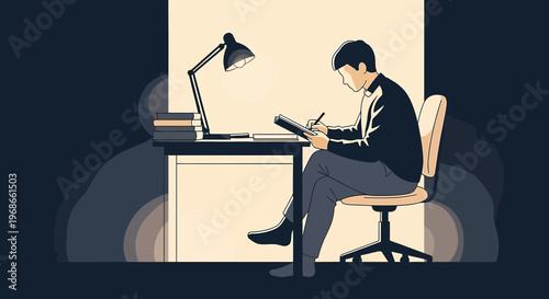 Man Drawing at Desk with Lamp