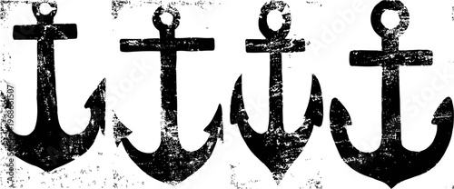 black vintage anchor silhouettes set nautical symbols with aged grunge texture and worn appearance