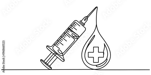 A single continuous line drawing of a medical syringe next to a drop containing a medical cross