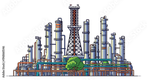 Intricate illustration of a massive industrial oil and gas refinery complex with many distillation towers, pipes, and a green tree.