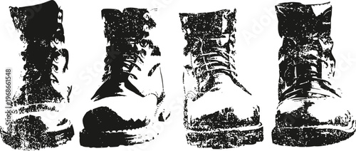 Four rugged combat boots standing in a row, detailed worn leather and laces in high contrast black and white