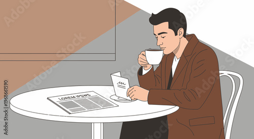 Man Drinking Coffee and Reading Newspaper at Table