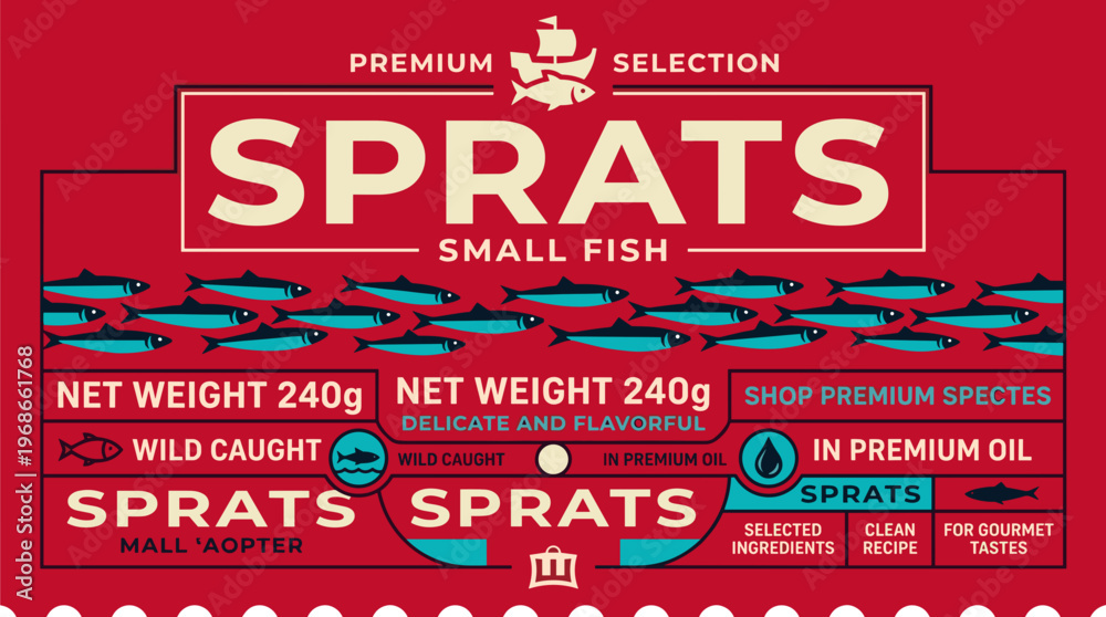 Fototapeta premium Premium selection sprats small fish packaging design label in SVG vector format for food products