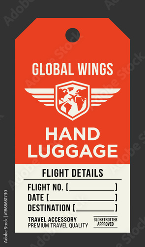 Packaging design label for hand luggage with travel details and brand logo