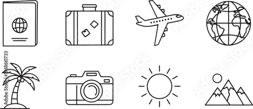 Travel essentials line set including passport ticket plane tree and camera