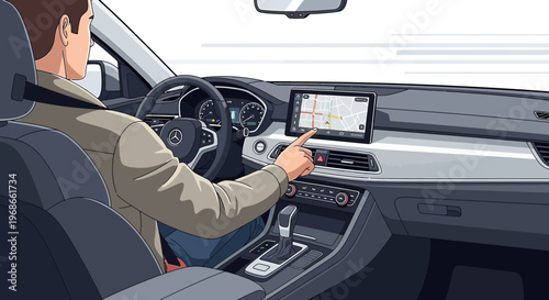 Man Driving Car Using GPS Navigation System on Touchscreen Dashboard