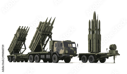 Surface to air missile system with mobile launcher truck and anti aircraft defense unit vector illustration.