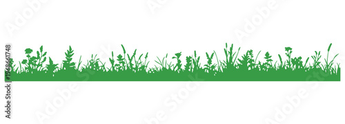 Green Silhouettes of a meadow with grass and plants on a flat plain.