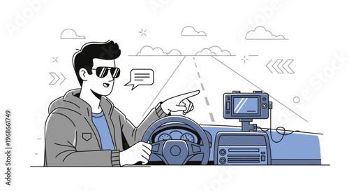 Man driving car, pointing direction, GPS navigation, road trip journey