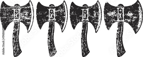 Set of four vintage double bladed axes illustrations in rough grunge