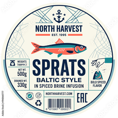 Packaging design for North Harvest sprats in spiced brine infusion featuring bold graphics and clear labeling for customer visibility