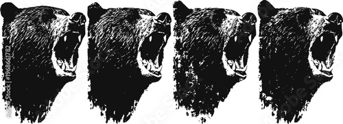 four roaring black bear heads with open mouths in a repeating pattern