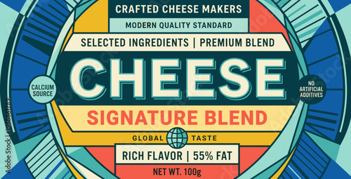 Packaging design label for a cheese product with information on ingredients and quality standard for consumers
