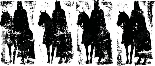 silhouettes of medieval knights on horseback with grunge texture background