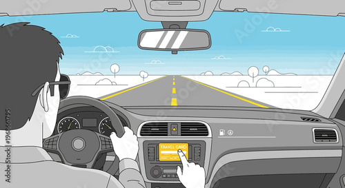 Man Driving Car, Touching GPS Screen on Open Road, Travel Destination
