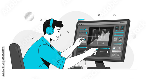 Man Editing Video on Computer with Headphones, Digital Media Creation