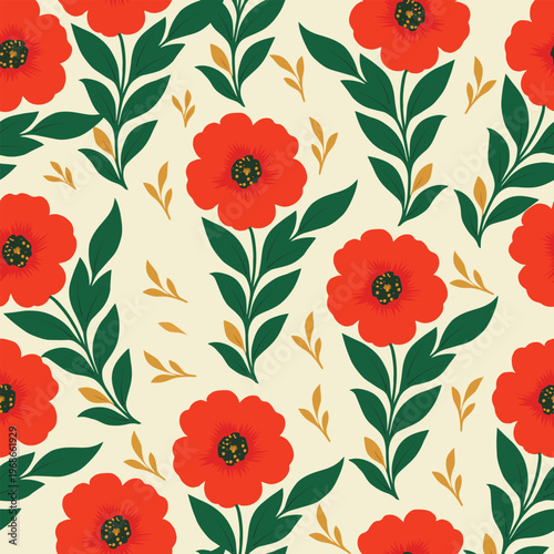 Seamless Floral Pattern with Red Poppies and Green Leaves