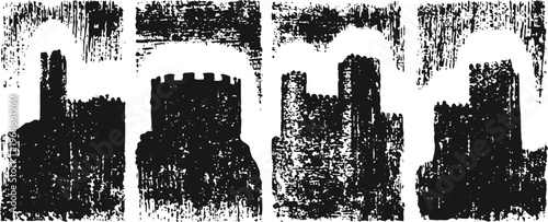 Medieval stone fortress towers with battlements silhouetted against white background