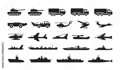 Military vehicle icons collection including tanks trucks helicopters planes and naval warship silhouettes.
