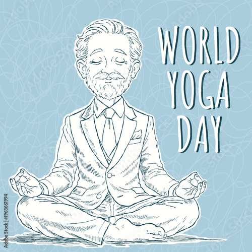 Creative hand-drawn illustration of a businessman meditating in a lotus pose, symbolizing balance between work and inner peace for World Yoga Day, corporate wellness themes, and self-care designs.