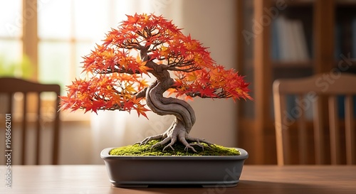 Bonsai Tree in Autumn Colors on Wooden Table.