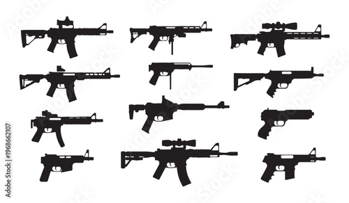 Modern rifle and pistol silhouettes showing tactical equipment variants for military and security training.